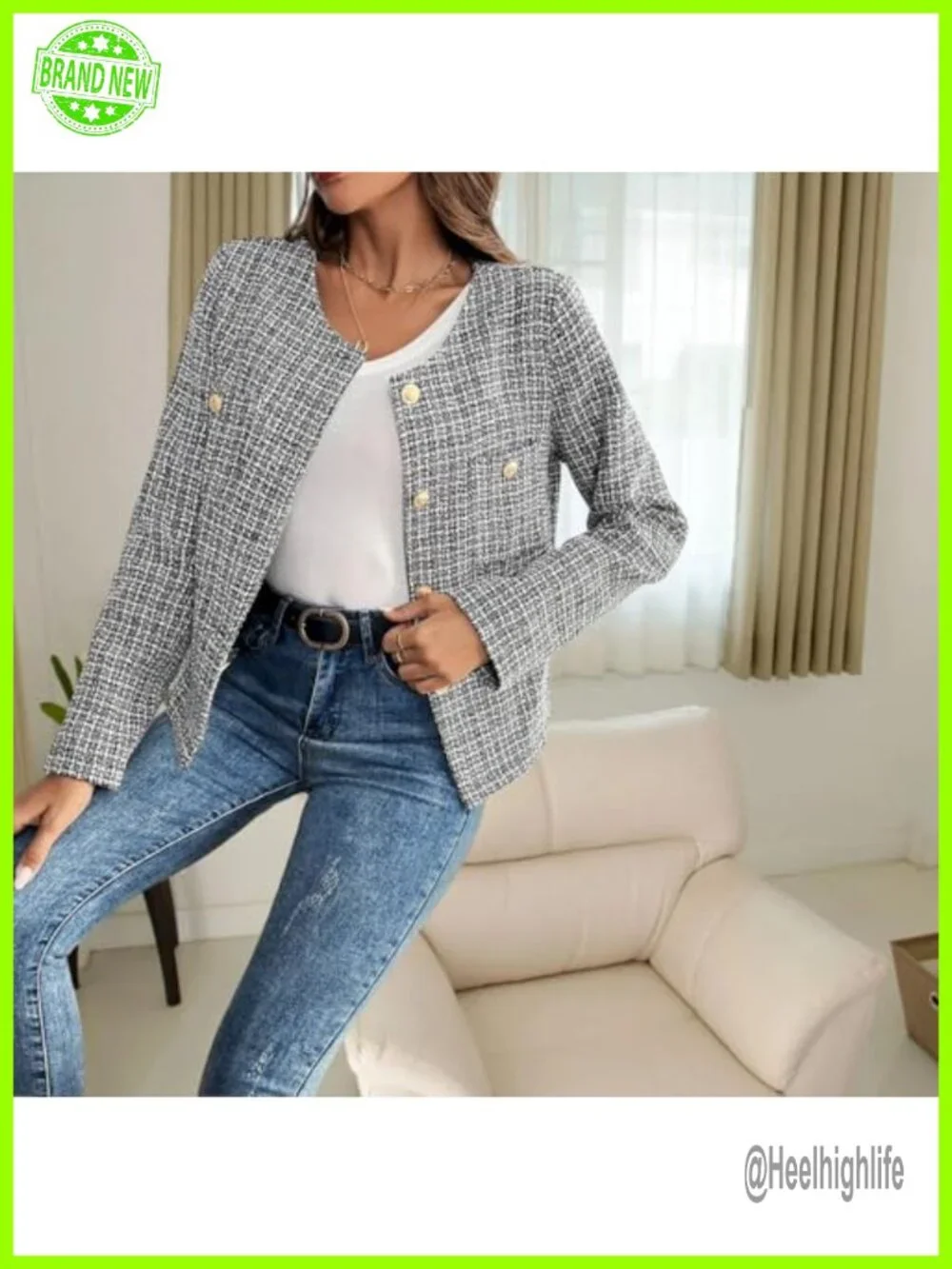 Tweed Blazer, Long Sleeve Business Casual Coat
